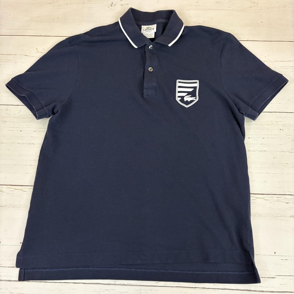 Lacoste Polo Shirt Mens L Blue Regular Fit Knit Shield Logo Short Sleeve Peru
